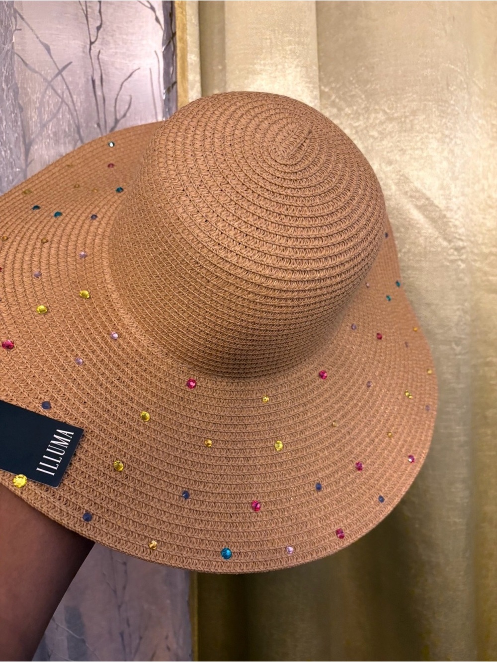 Embellished Tan Straw Wide-Brim Sun Hat with Multicolor Gems - Picture 2 of 3
